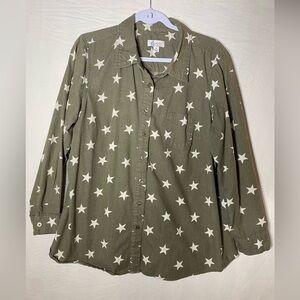 Olive Green Star Print Button Down Shirt
